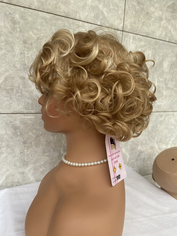 Short Fluffy Curly Wavy Blonde Mix Free Hairstyle Human Hair Blend Heat Ok Wig gallery
