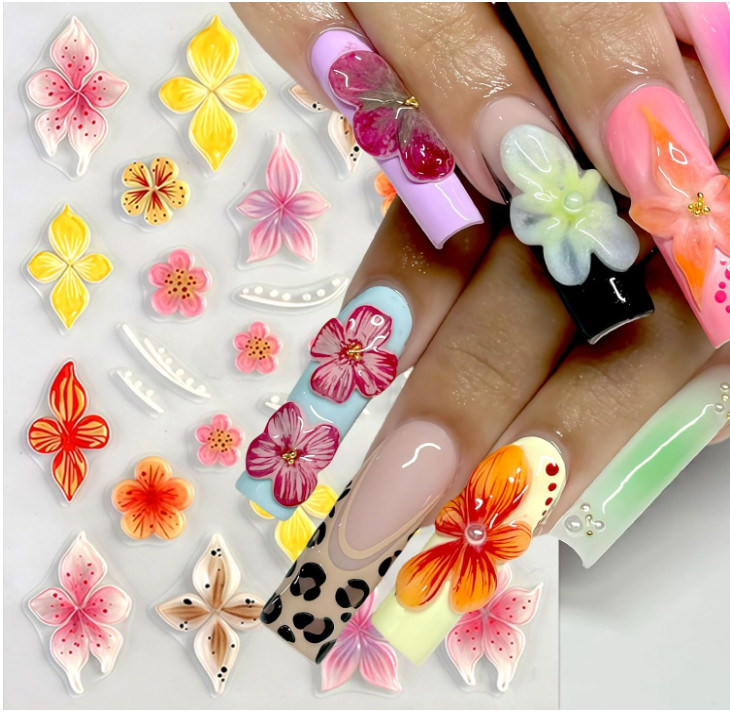 3D Hawaiian Flower Embossed Lily Hibiscus Floral Nail Art Stickers Decor NH29 gallery