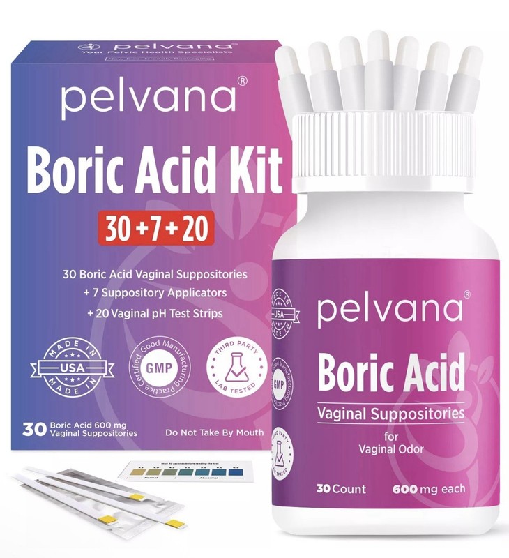 Pelvana Boric Acid Suppository Combo Kit 30 + 7 Applicators + 20 pH Test Strips