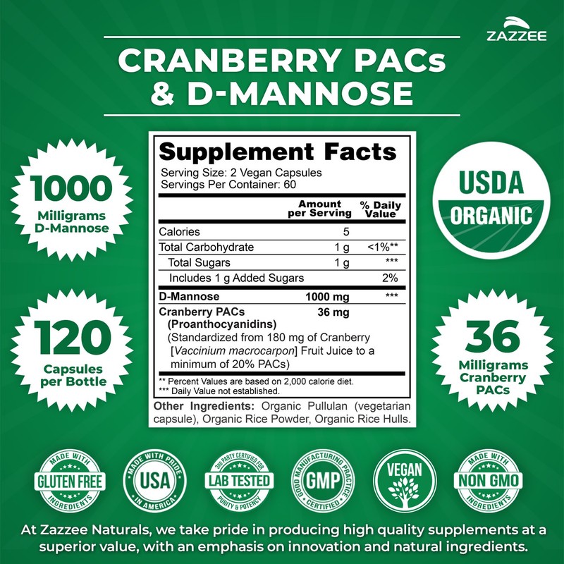 Zazzee USDA Organic Cranberry PACs & D-Mannose, 36 mg PACs & 1000 mg D-Mannose gallery