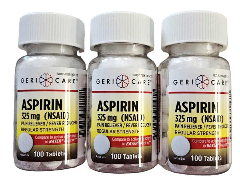 Gericare Aspirin 325mg UNCOATED Tablets 100ct ( 3 pack ) NEW LOOK! ^