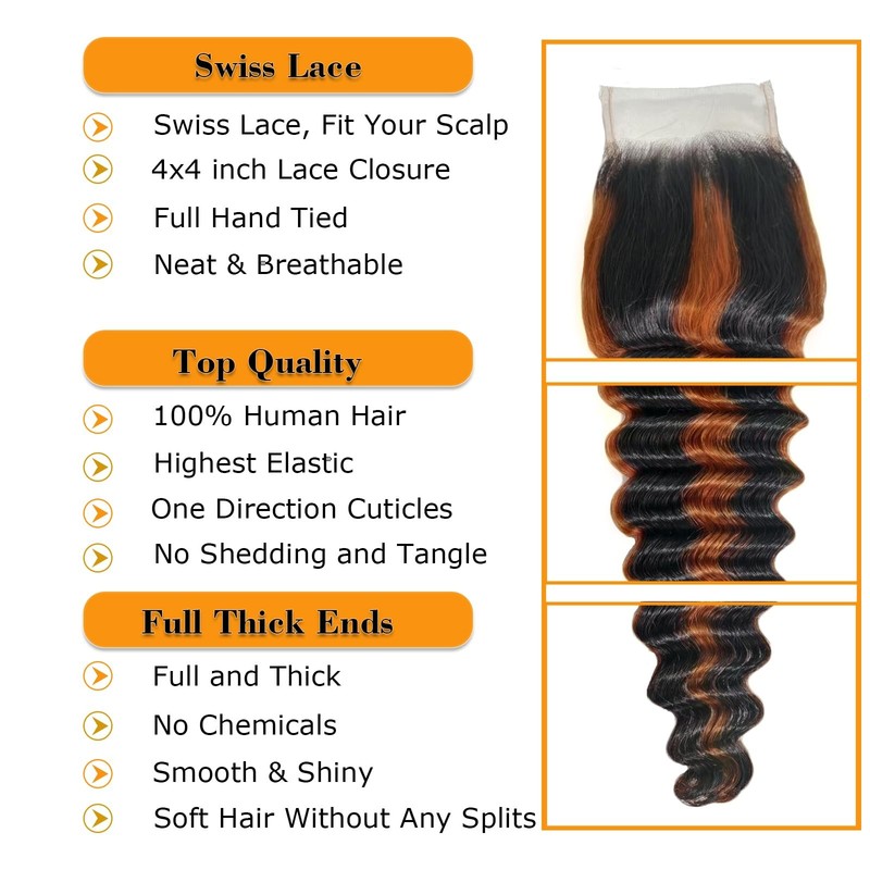Rqy Brown Highlight Bundles 4X4 Closure 10A Brazilian Remy Hair Ombre Brown gallery