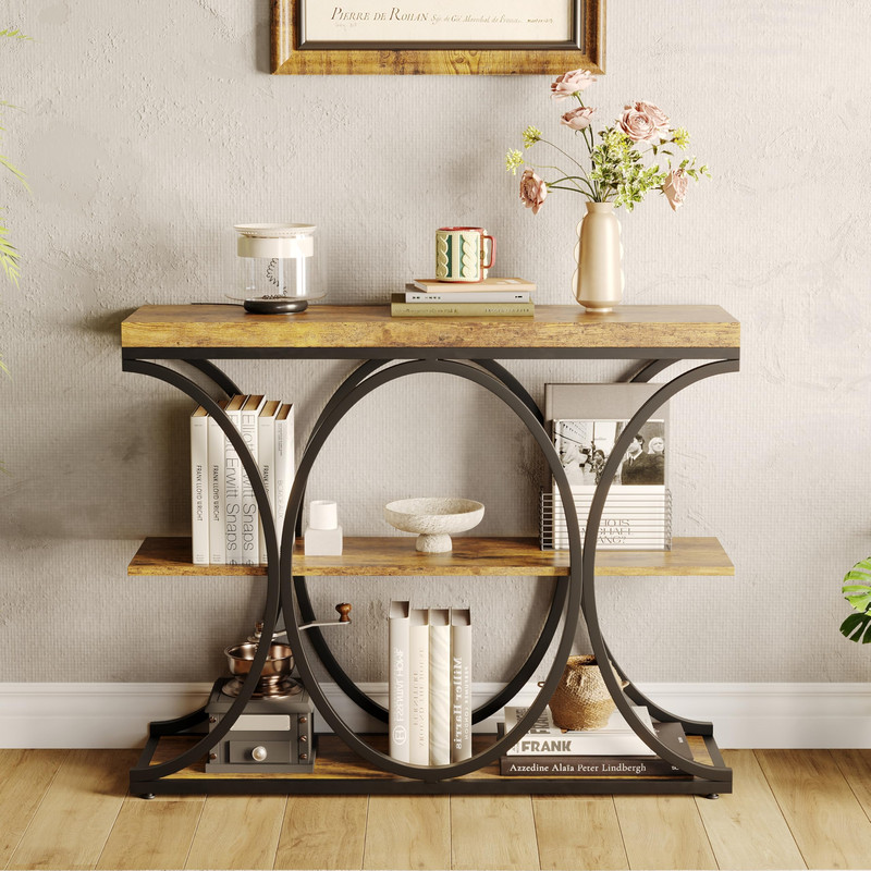 Garvee 39 Narrow Console Tables For Entryway Industrial 3-Tier Sofa Table Round