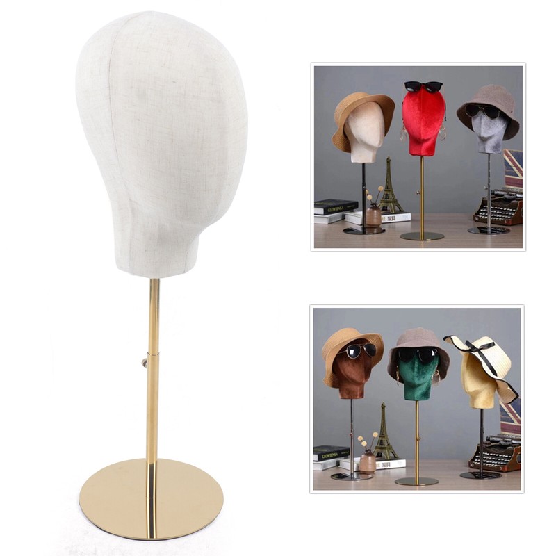 Hat Display Mannequin Head Linen With Adjustable Gold Stand 45-65cm