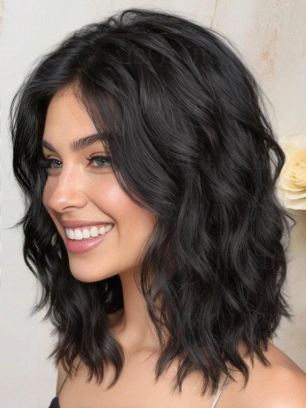 14 Inch Natural Black Wigs for Women Shoulder Length Wave Pre-Cut Lace Hairline