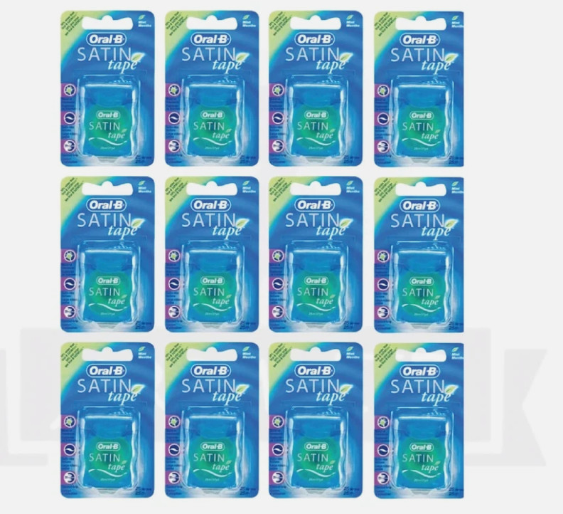 Oral-B Satin Tape Dental Floss 25m By Oral-B Satin Tape Mint-PACK OF 12