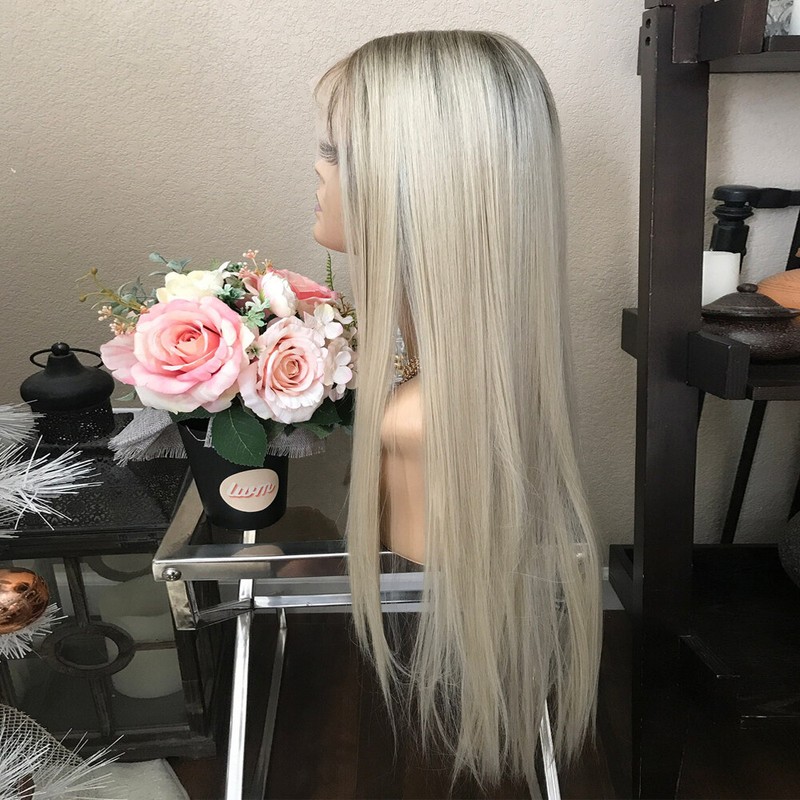 Long Straight Ombre Ash Blonde Lace Front Wig Remy Human Hair Wigs 13x4 gallery