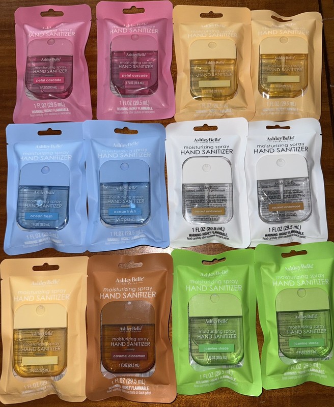 Lot of 12 ASHLEY BELLE Hand Sanitizer Sprays 1 OZ Variety Scents- FREE HOLDER