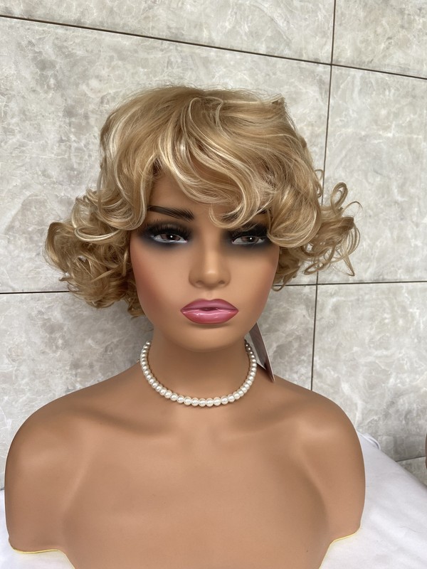Short Fluffy Curly Wavy Blonde Mix Free Hairstyle Human Hair Blend Heat Ok Wig gallery