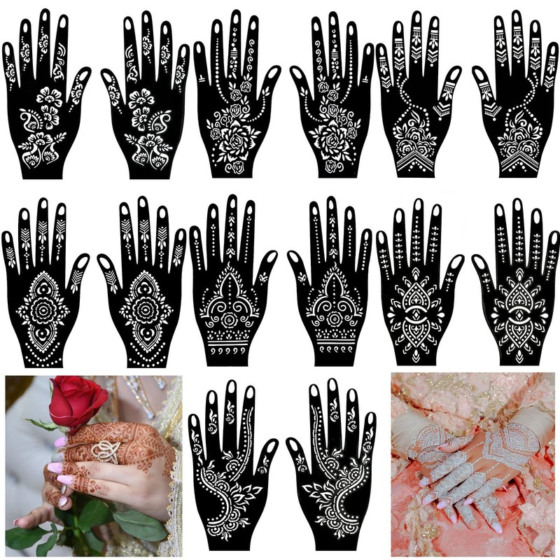 QSTOHENA 14 Sheets Henna Tattoo Stencils Kit for Hand Body 7.6 x 4.1 inches