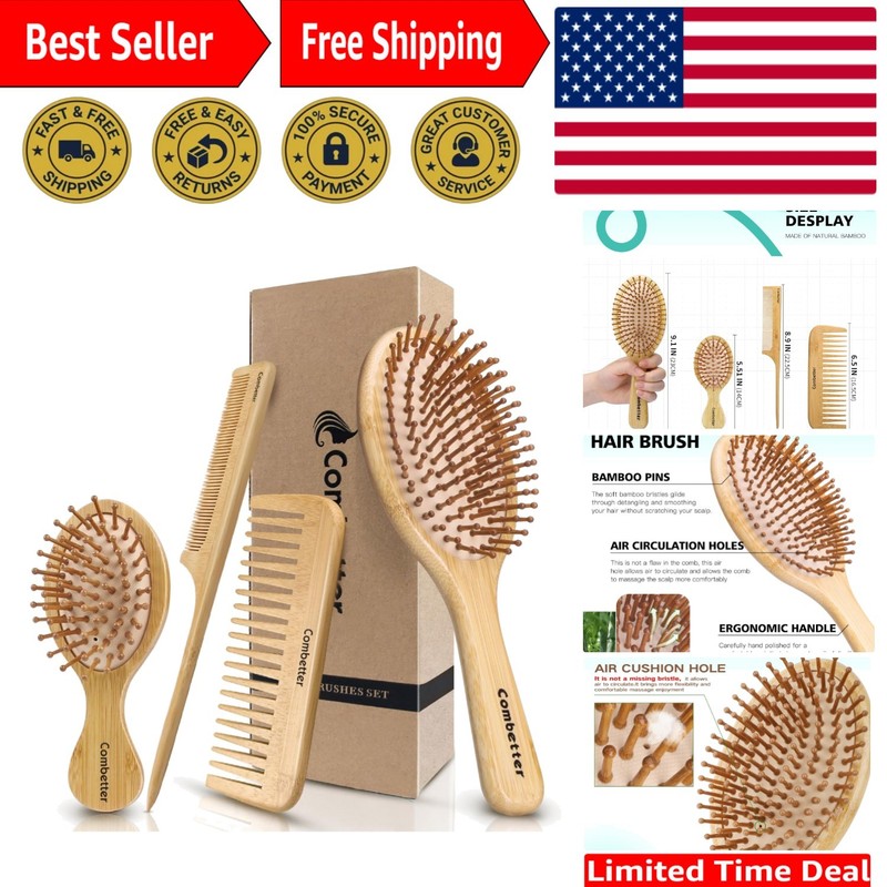 Natural Bamboo Hair Brush and Comb Set – Gentle Scalp Massage & Travel Size