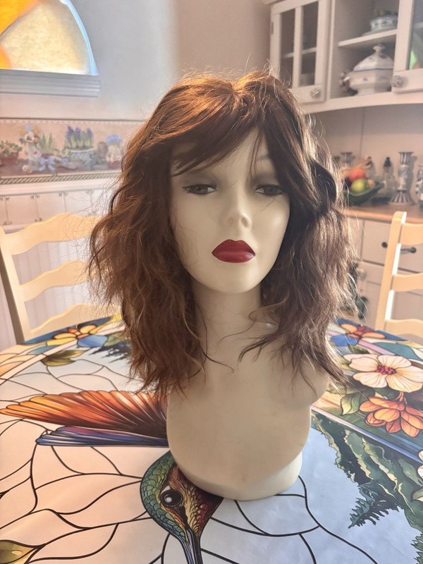 Human Hair Wig Brown with Bangs And Highlights, Styled With Layers