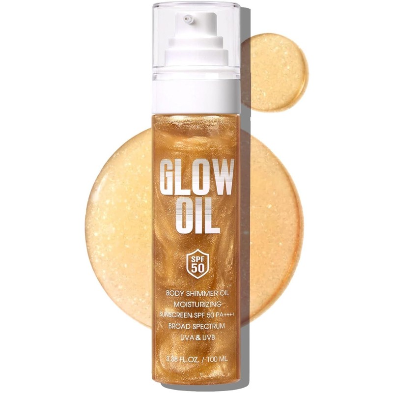 Body Glow Oil, Broad Spectrum SPF 50, Glitter Shimmer Sunscreen Body Oil Lotion