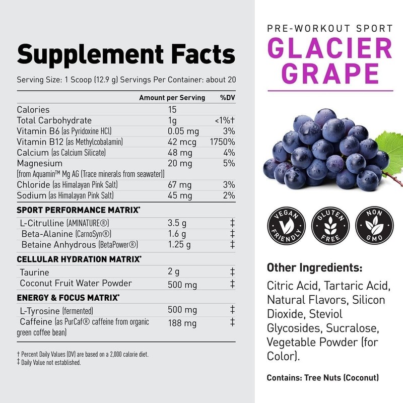 Organic Glacier Grape Pre Workout Powder - 188mg Energy Boost for Athletes gallery