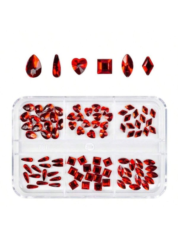 90Pcs K9 Glass Rhinestones C Set + Red 6 Shapes Flatback Nail Art Gems