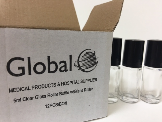 30 Bottles Clear 1/6 oz, 5 ml GLASS Roll On Bottle With Black Cap & Roller New !
