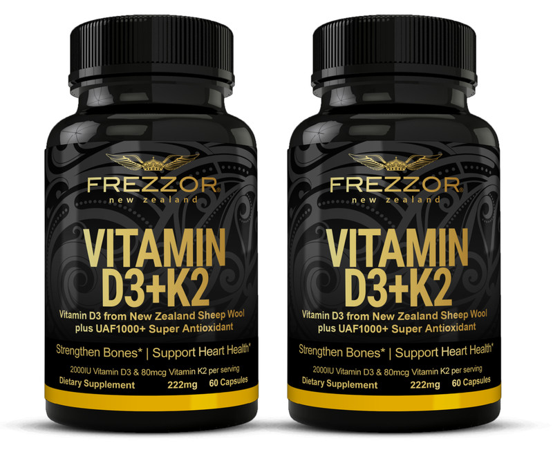 FREZZOR Vitamin D3 and K2, Pure New Zealand Product, 2 Bottles, 120 Capsules