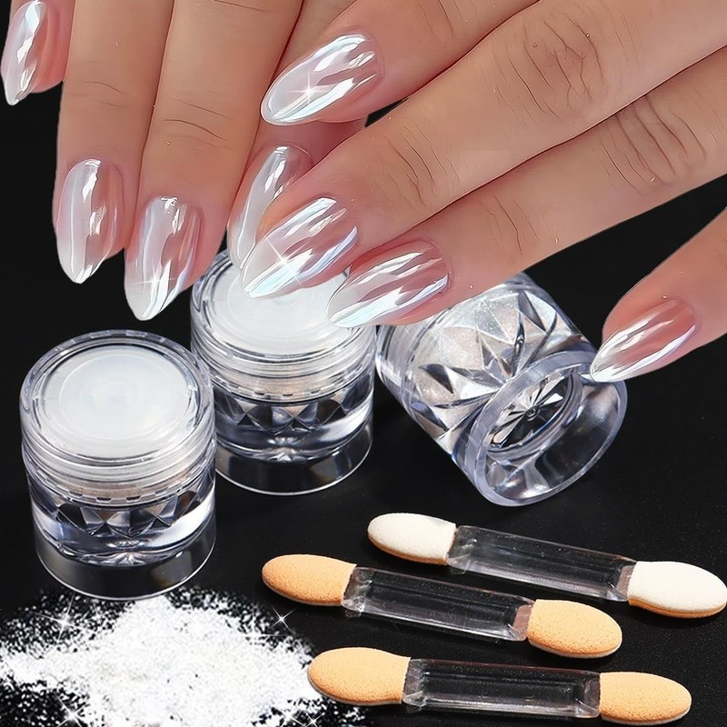 3Pcs Moonlight White Pearl Chrome Nail Powder, Super Glossy Clear Mirror Effect