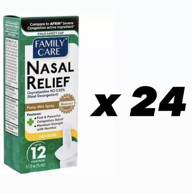 24 Pack of Family Care Nasal Relief Mist Spray Severe Congestion Relief 0.5oz