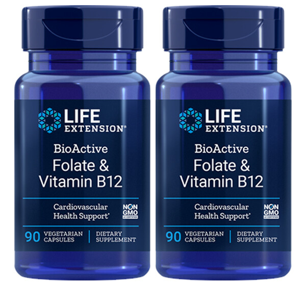 Life Extension BioActive Folate 400mcg & Vitamin B12 300mcg 2X90 Caps