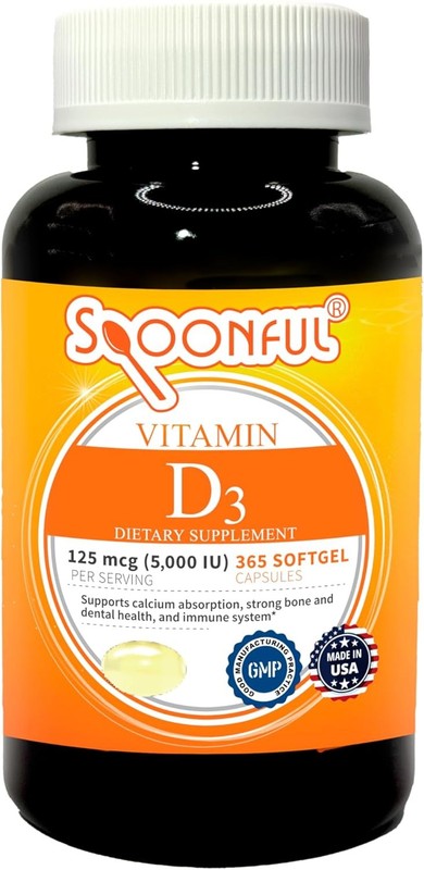 Spoonful Vitamin D3 with Coconut Oil 1-Year Supply 365 Softgel Capsules,Bone Hea