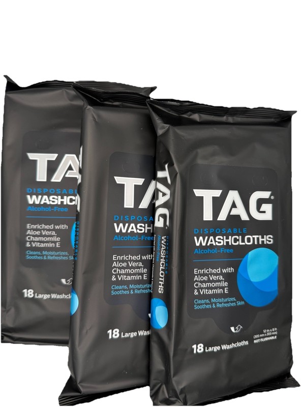 TAG 3pk DISPOSABLE ALCOHOL FREE 12″X8″ WASHCLOTHS 18 CLOTHES Each- NEW