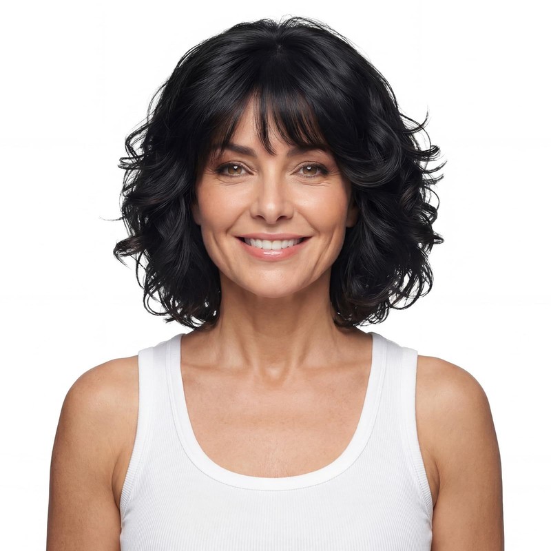 12in Short Black Wavy Bob Wig with Bangs for Women Heat Resistant Synthetic Full