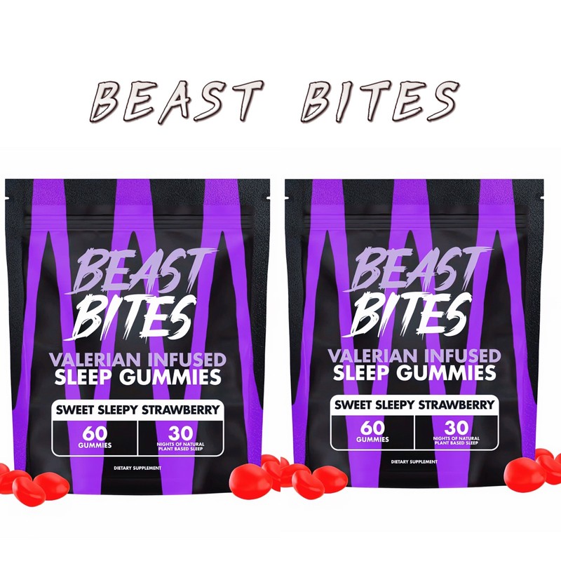 2 pcs Beast Bites Sleep Gummies Valerian Infused Strawberry Natural Sleep Aid 60