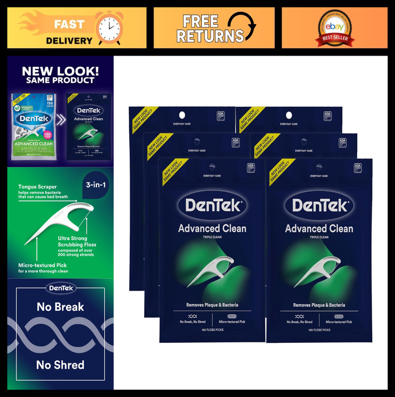 Advanced Clean Floss Picks – No Break, No Shred, 90 Count, 6 Pack – Dental Care