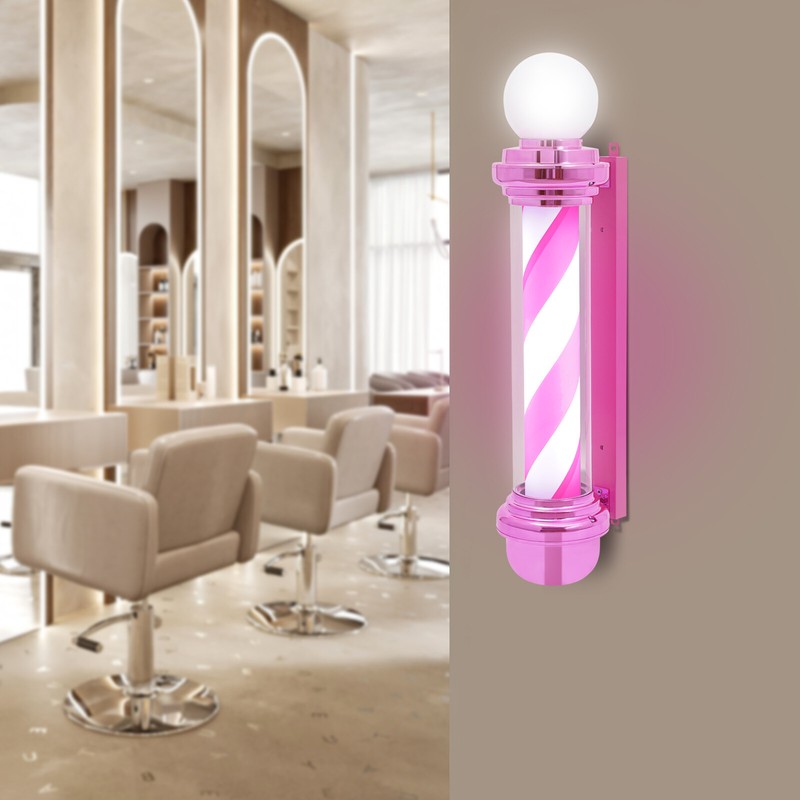 LED Rotating Barber Pole Light – Pink+White Stripes Barber Shop Hair Salon Sign