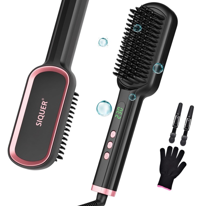 Hair Straightener Brush Ionic Black 13 Temps LCD 45s Heat 60mins Auto-Off