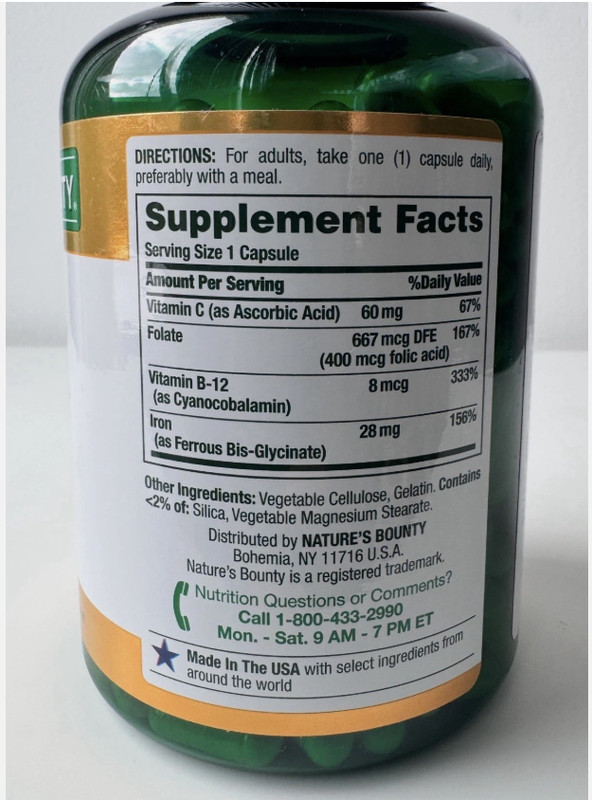 Nature's Bounty Iron Glycinate High Absorption 300 Capsules Vit C Folate B12 gallery