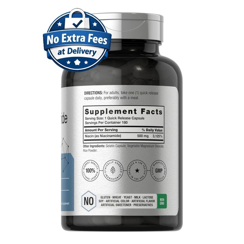 Nicotinamida 500mg 180 Cápsulas | Suplemento Sin Rubor | Sin OGM y Sin Gluten gallery