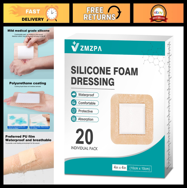 20Pcs Waterproof Silicone Foam Dressings 4×4, Self-Adhesive Wound Care Bandages