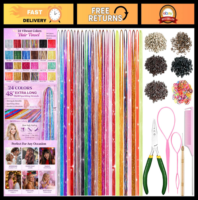24 Colors Hair Tinsel Kit – 48″ Holographic Glitter Strands for Party & Cosplay