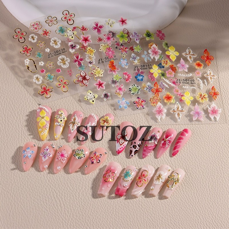 3D Hawaiian Flower Embossed Lily Hibiscus Floral Nail Art Stickers Decor NH29 gallery
