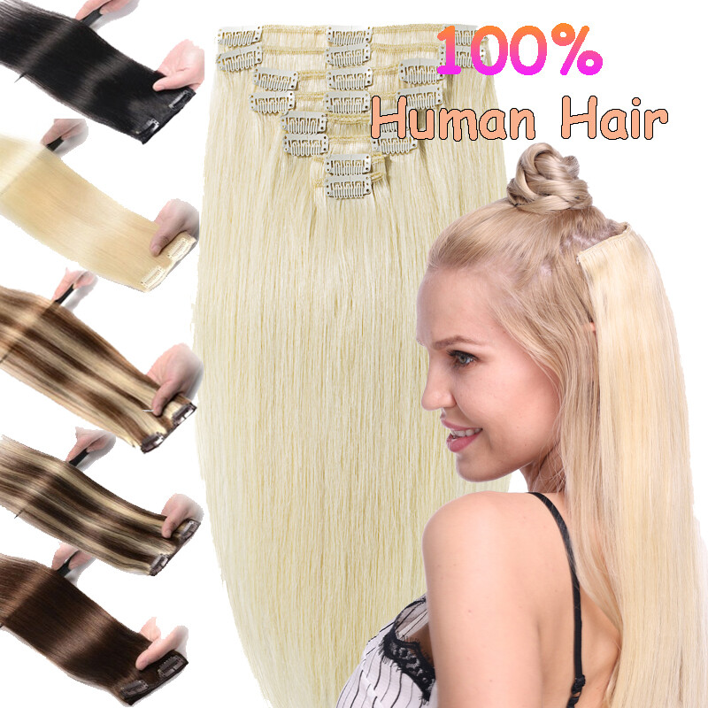 S-noilite Double Drawn 8pcs Clip in Remy 100% Human Hair Extensions Mix Color NH