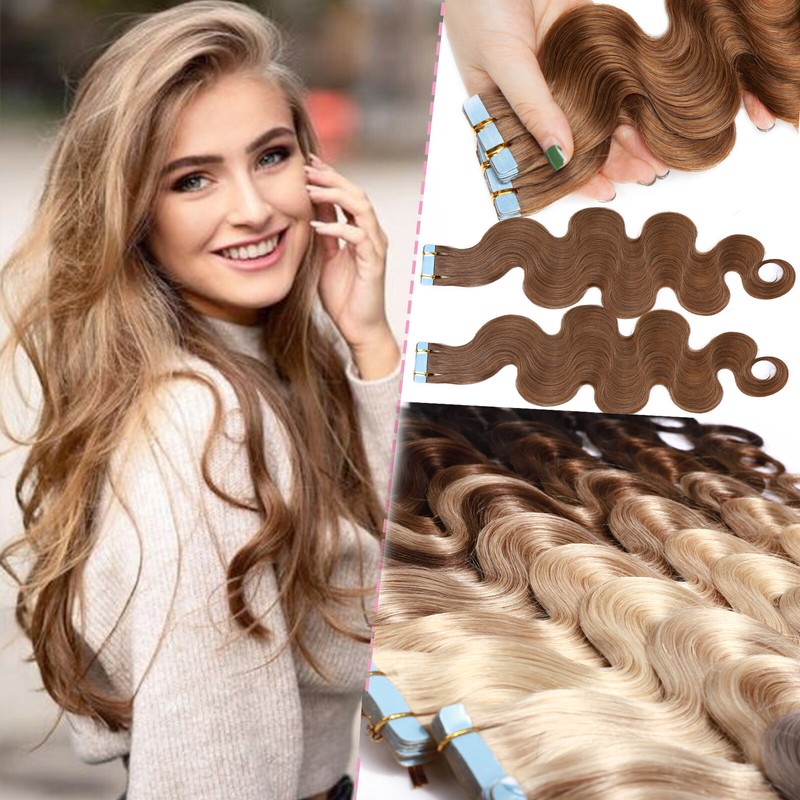 WAVY Invisible Tape in Human Hair Extensions Skin Weft 20-40PCS Thick FULL HEAD