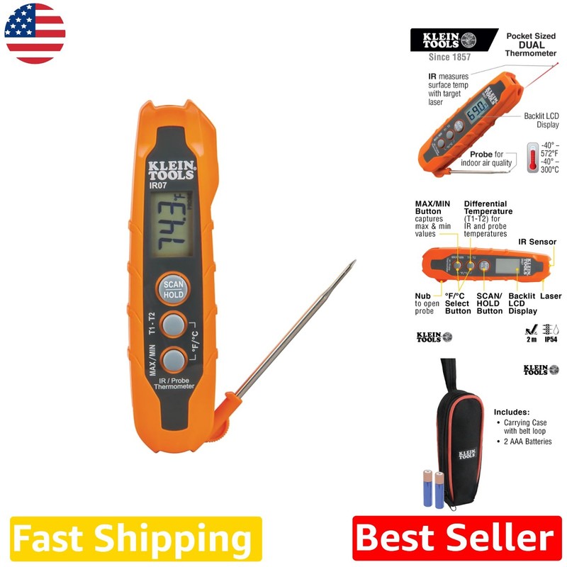 Dual IR & Probe Thermometer LCD Pocket Size -40F to 752F Laser