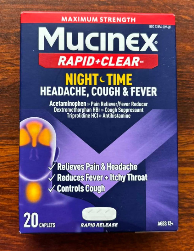 Mucinex Rapid Clear Night Time Headache Cough Fever Rapid Release Caplet 20 Caps