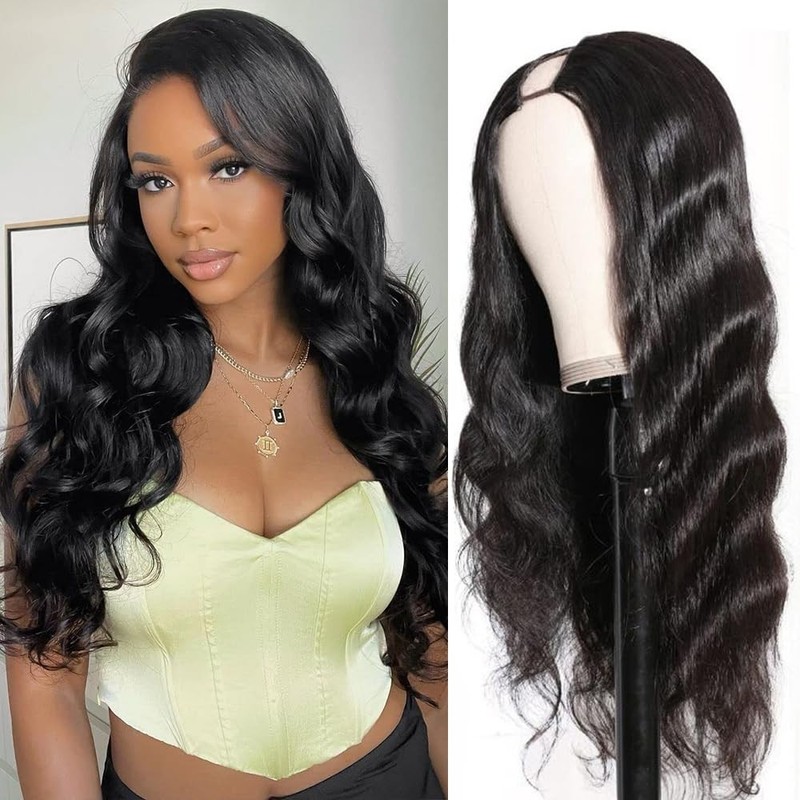 Human Hair U Part Wig 24 Inch Body Wave 250% Density Brazilian Virgin Black Full