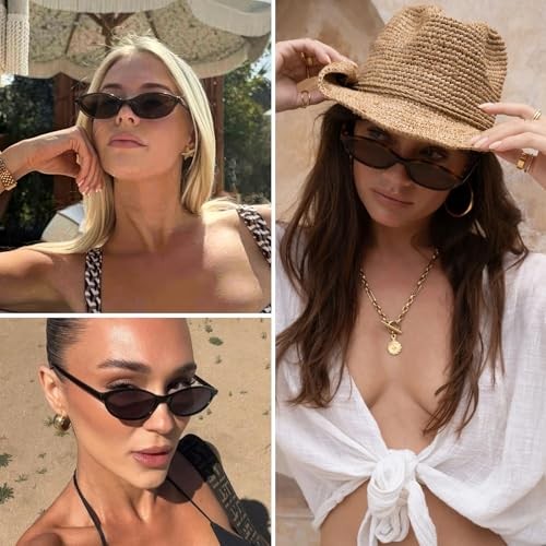 Retro Oval Cat Eye Sunglasses for Women Small Y2K 54 Millimeters Black+brown gallery