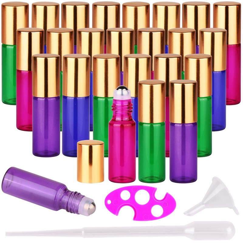 24 Pack Essential Oils Roller Bottles,5ml Colourful Roll On Bottles Steel Roller