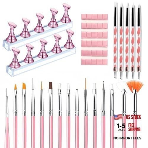 Nail Art Tools Set – 15 Nail Art Brushes + 5 Dotting Pens with Nail Stand