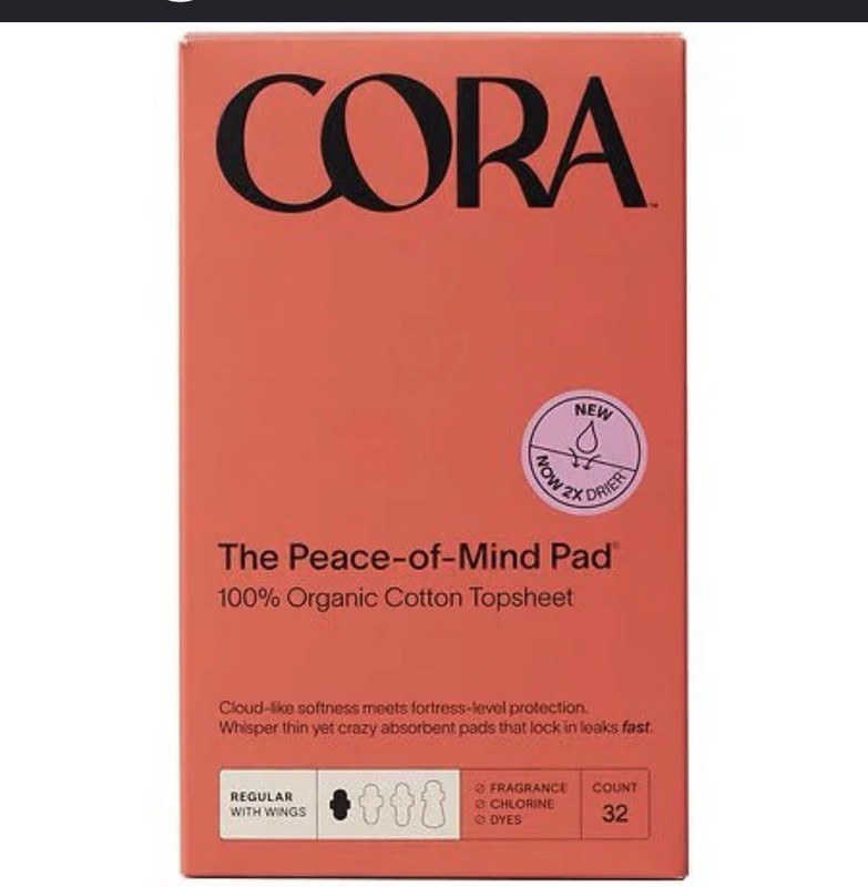 Cora Peace-of-Mind Pad Regular with Wings 32ct100% Organic Cotton NO Fragance