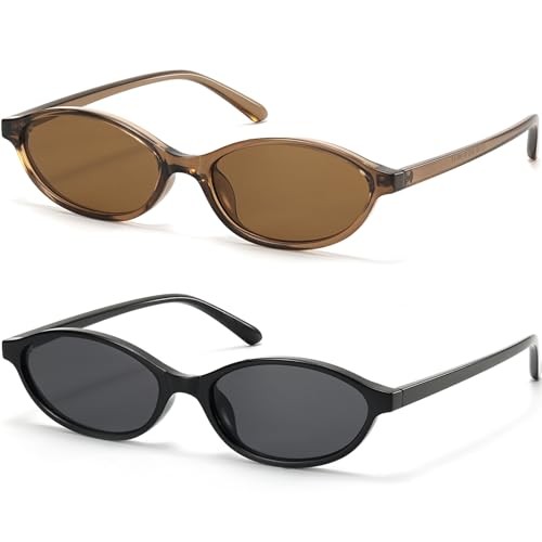 Retro Oval Cat Eye Sunglasses for Women Small Y2K 54 Millimeters Black+brown gallery