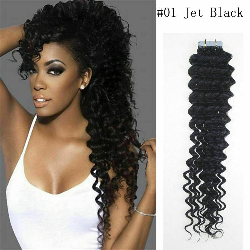 Tape in Human Hair Extensions Skin Weft Deep Curl Curly Remy Hair 20-40Pcs18inch
