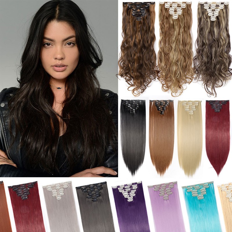 Mega Thick AS Human 8Pcs Full Head Clip In Hair Extensions Long Curly Hair piece