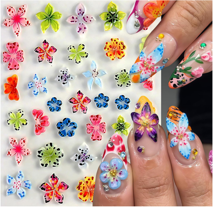 3D Hawaiian Flower Embossed Lily Hibiscus Floral Nail Art Stickers Decor NH29 gallery