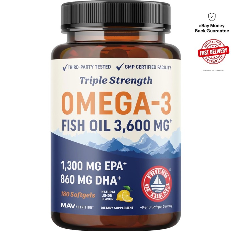 NO Fishy Taste! Triple Strength Omega 3 Fish Oil 3600mg | -Friendly Softgel